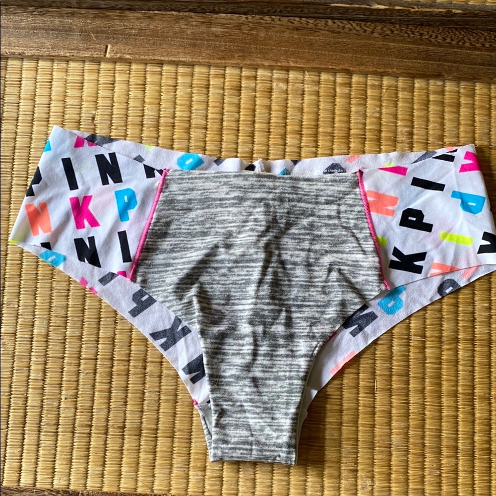 PINK: Low Rise Cheekster Style Gray with Colorful Letter Print Panties: Sz M NWT